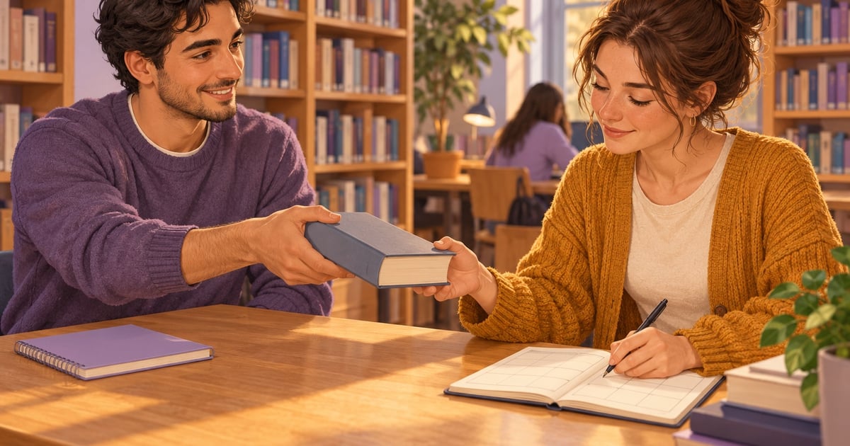 Un cursant îi întinde unei colege un dicționar, iar ea notează într-un calendar la masa din bibliotecă.