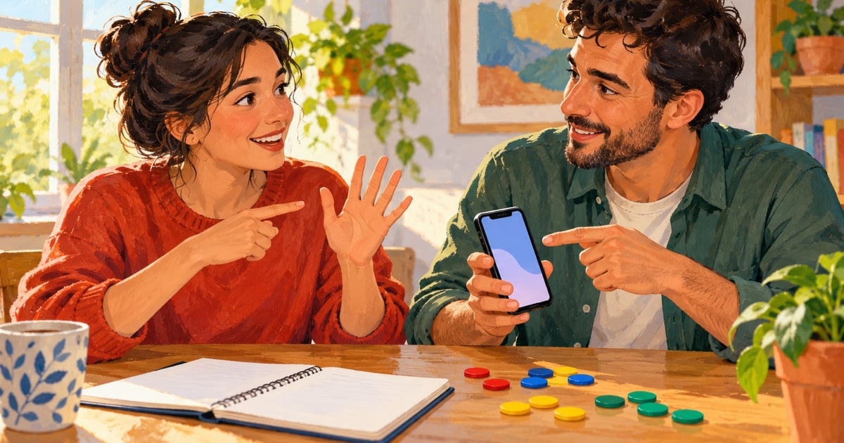 Doi cursanți exersează cu un telefon, un caiet și jetoane colorate.