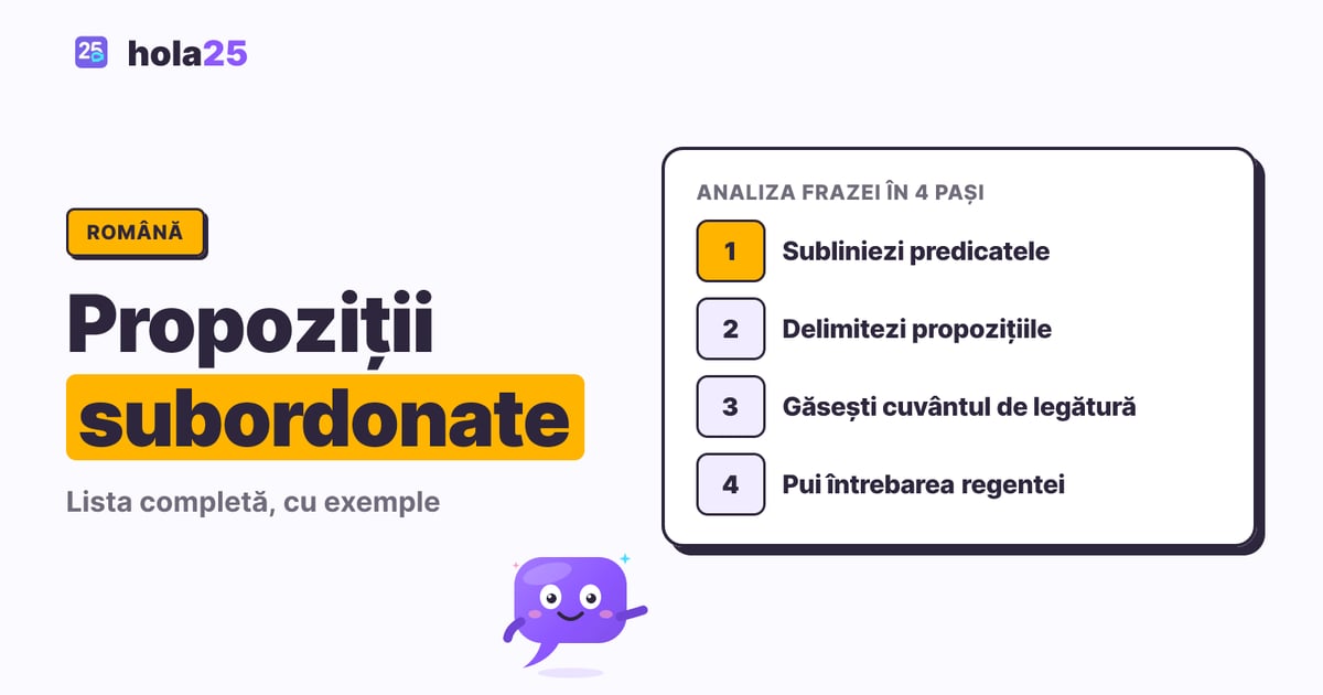 Metoda în patru pași pentru analiza frazei: predicatele, delimitarea propozițiilor, cuvântul de legătură și întrebarea pusă regentei