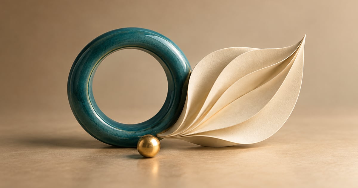 Inel ceramic turcoaz lângă o formă de hârtie asemănătoare unei frunze.