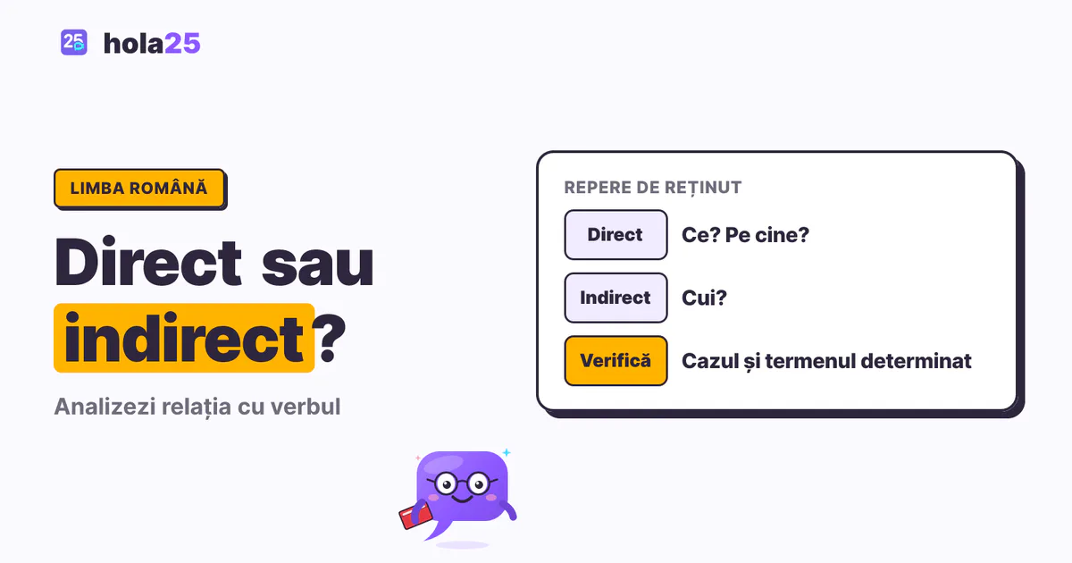 Complementul direct și indirect: explicații și test. Direct: Ce? Pe cine?. Indirect: Cui?. Verifică: Cazul și termenul determinat.