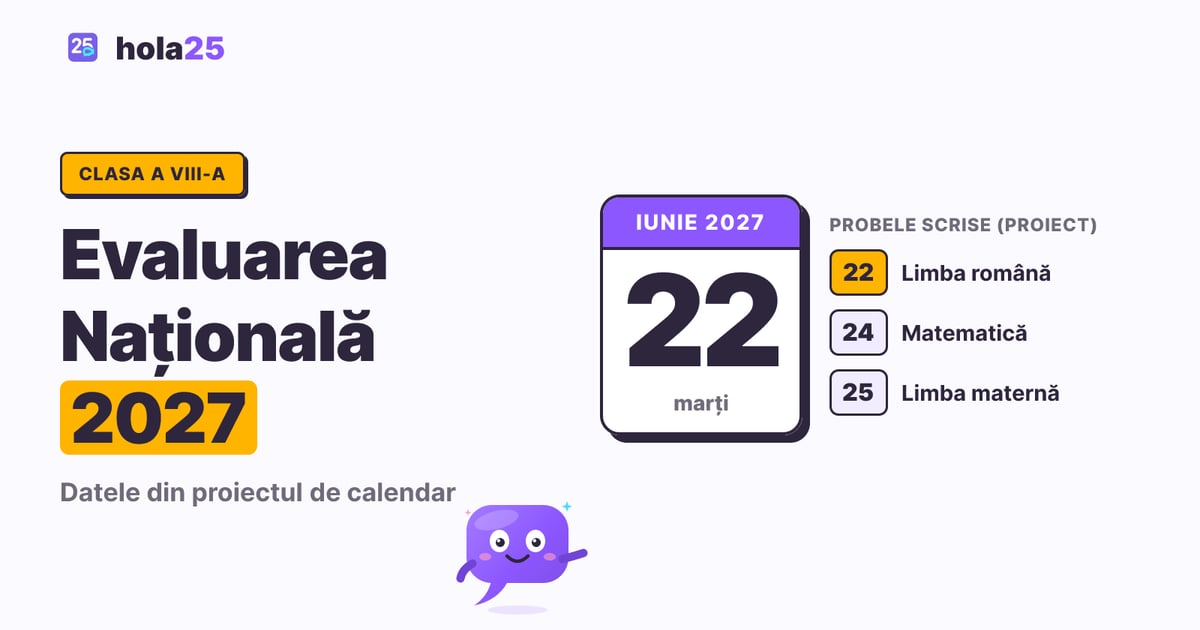 Filă de calendar cu 22 iunie 2027, prima probă a Evaluării Naționale, și zilele celor trei probe scrise