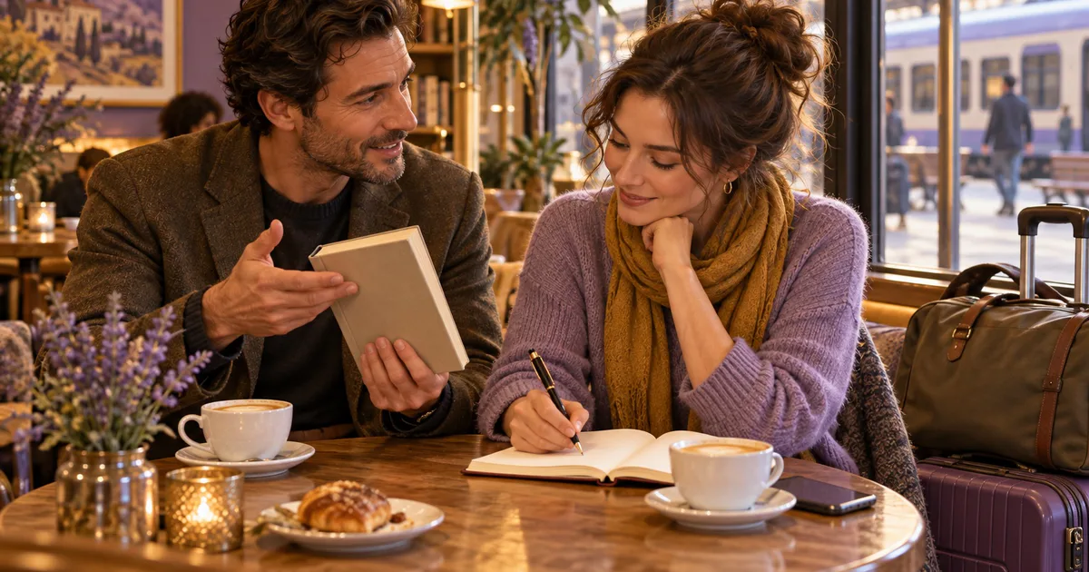 Un bărbat îi prezintă unei femei o carte cu copertă simplă, iar ea notează într-un caiet la masa unei cafenele.