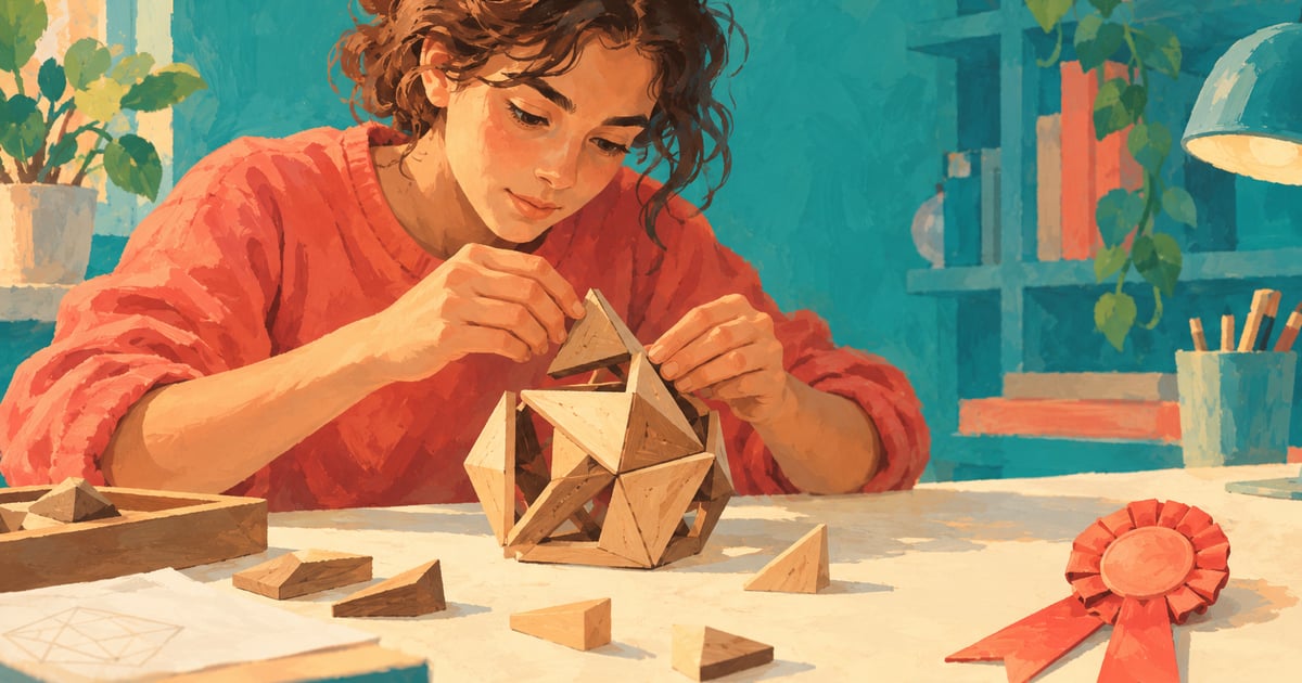 Un elev construiește un model geometric, cu o rozetă de premiu alături, ca metaforă pentru motive diferite.