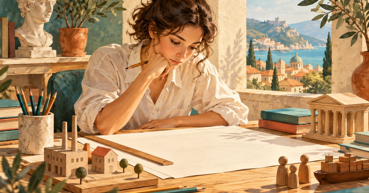 Elevă analizează o planșă de studiu cu riglă și modele, ilustrație conceptuală despre grafice.