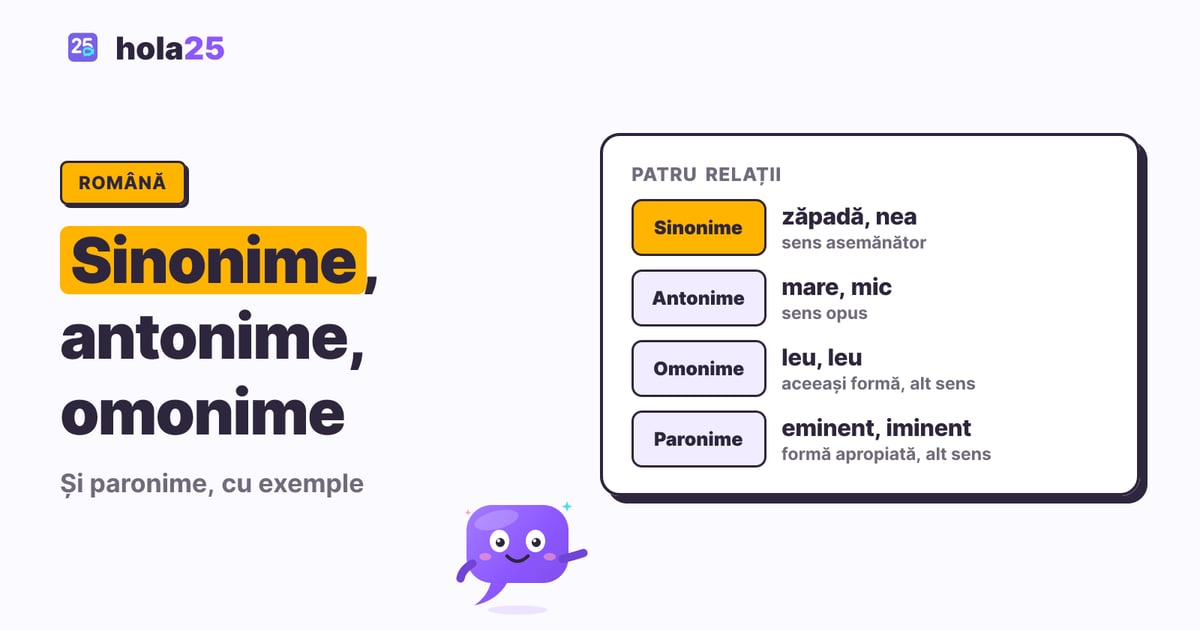 Patru relații între cuvinte, cu câte un exemplu: sinonime, antonime, omonime și paronime