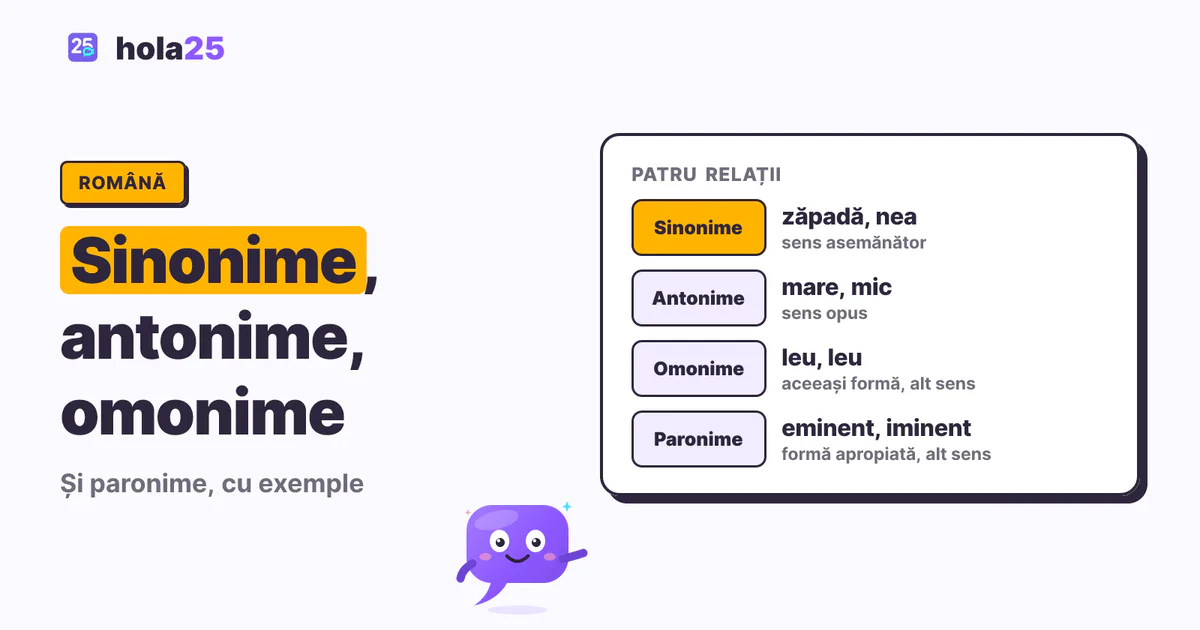 Patru relații între cuvinte, cu câte un exemplu: sinonime, antonime, omonime și paronime