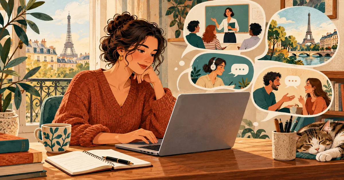 O femeie redactează un e-mail la laptop, imaginându-și lecții și conversații în franceză.