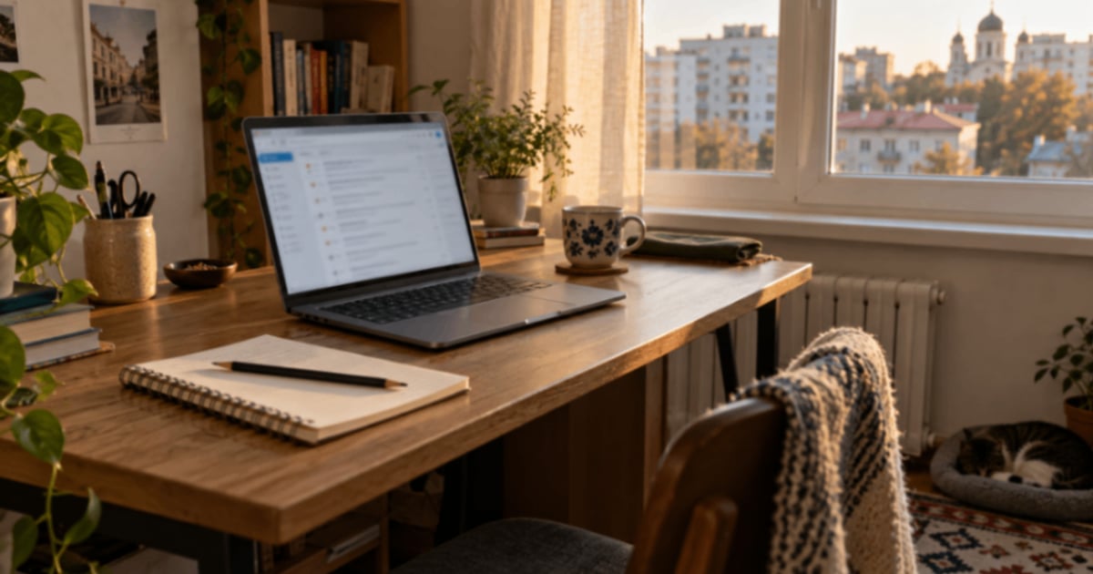 Laptop și caiet pe un birou, pregătite pentru redactarea unui email.