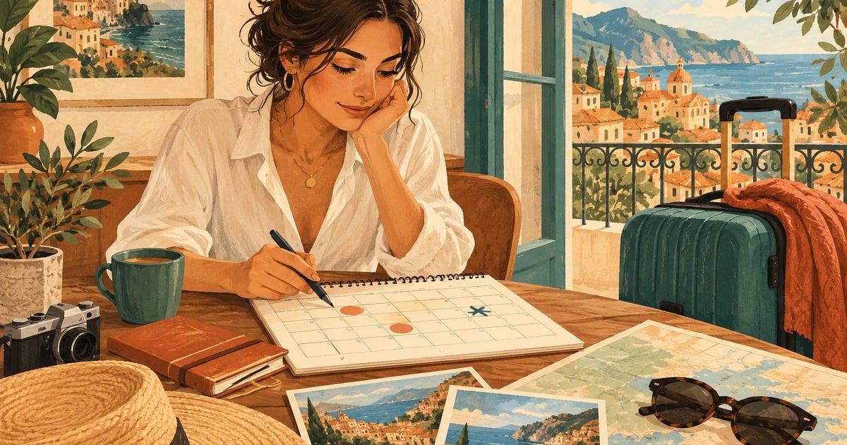 O călătoare verifică date într-un calendar, lângă o valiză și fotografii ale destinației.