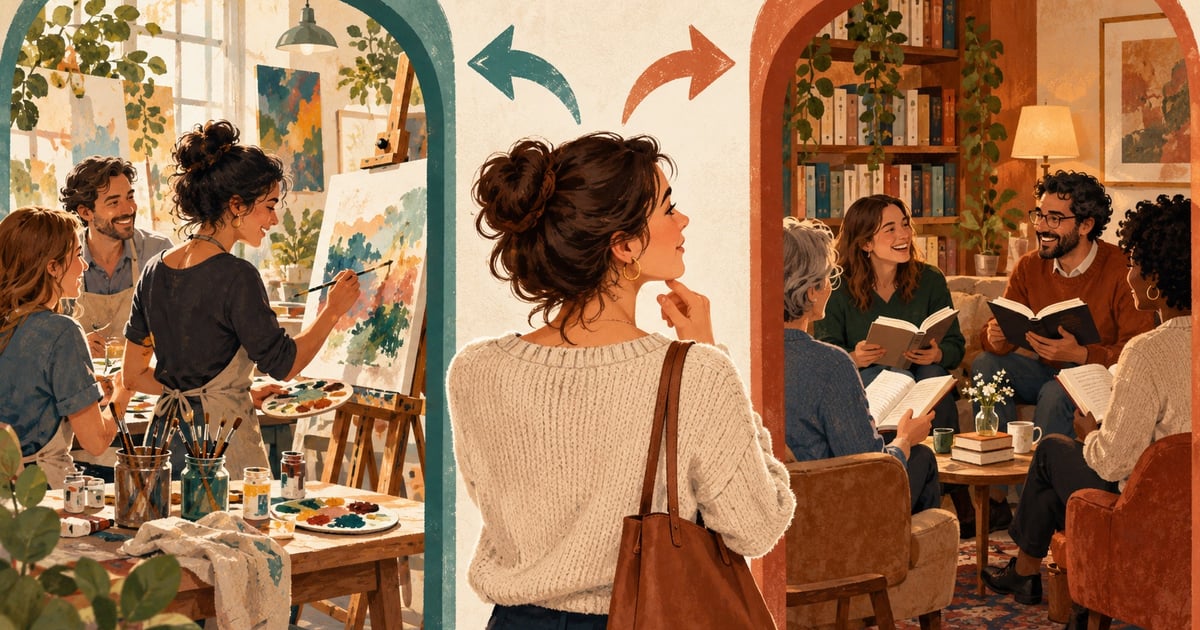 O femeie alege între un atelier de pictură și un grup de lectură, ilustrate în două încăperi.
