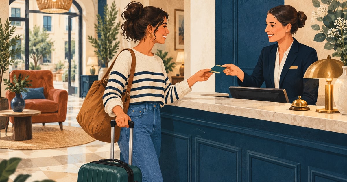 O călătoare cu valiză primește un card de la recepționera unui hotel.