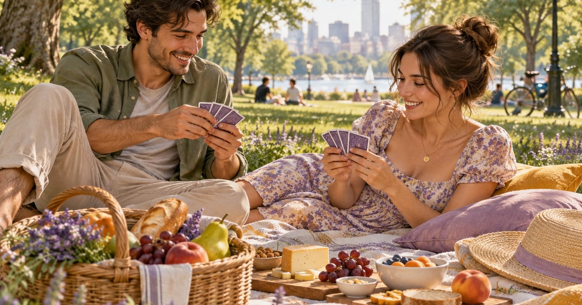 Un bărbat și o femeie joacă cărți pe o pătură în parc, lângă un coș de picnic cu pâine și fructe.