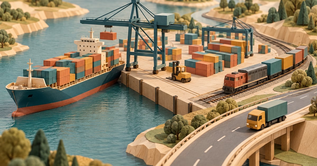 Un port conceptual conectat cu o cale ferată și un drum, cu navă, tren și camion miniatural din hârtie și lemn.