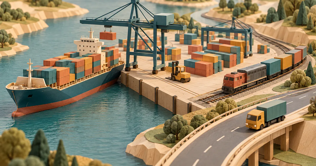 Un port conceptual conectat cu o cale ferată și un drum, cu navă, tren și camion miniatural din hârtie și lemn.