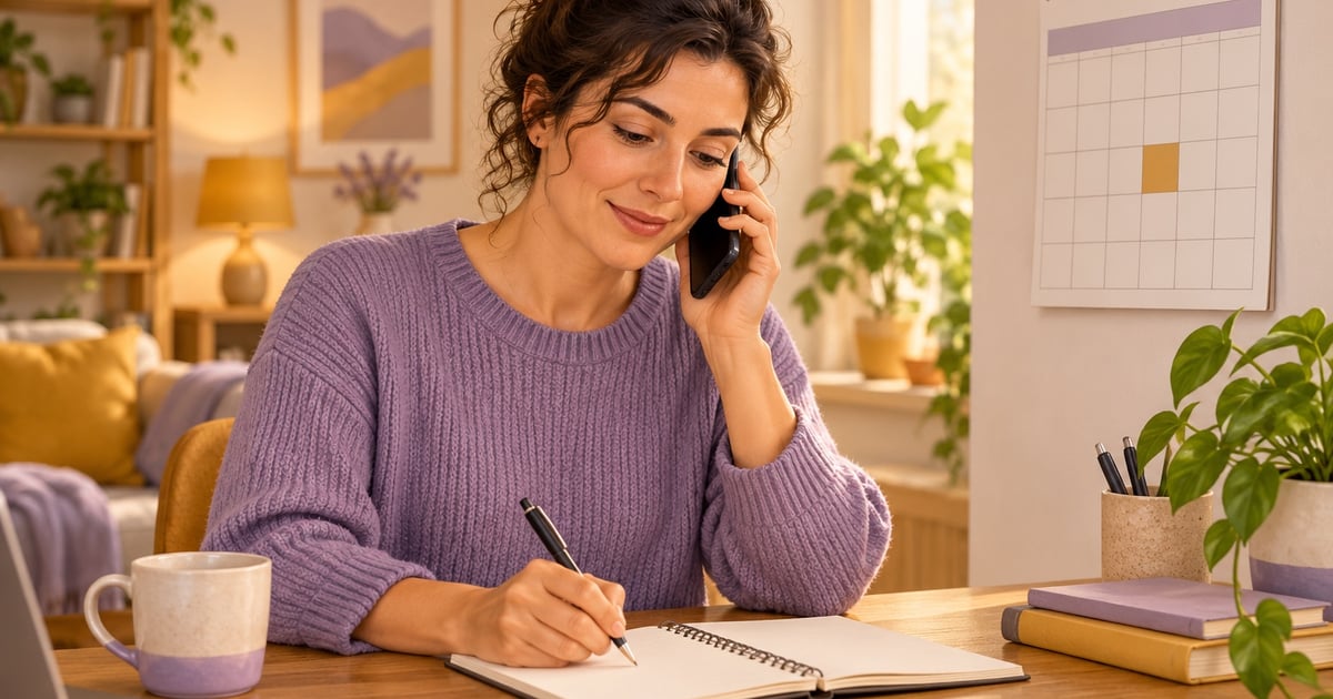 O femeie vorbește la telefon și notează o programare într-un caiet, lângă un calendar așezat pe birou.