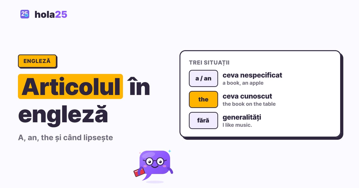 Cele trei situații ale articolului în engleză: a sau an pentru ceva nespecificat, the pentru ceva cunoscut și niciun articol pentru generalități