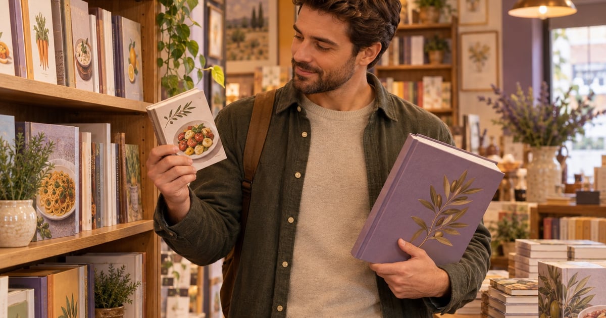 Un bărbat compară o carte mică de bucate cu un volum mai mare într-o librărie luminoasă.