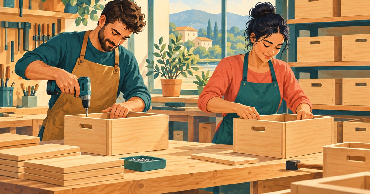 Doi lucrători realizează cutii într-un atelier, ilustrație conceptuală pentru productivitate.