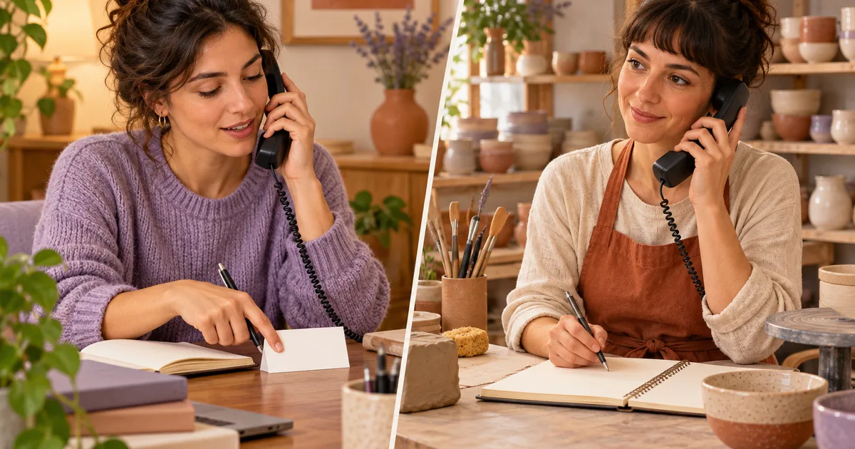 O femeie vorbește la telefon, iar într-un atelier de ceramică o angajată îi notează rezervarea.