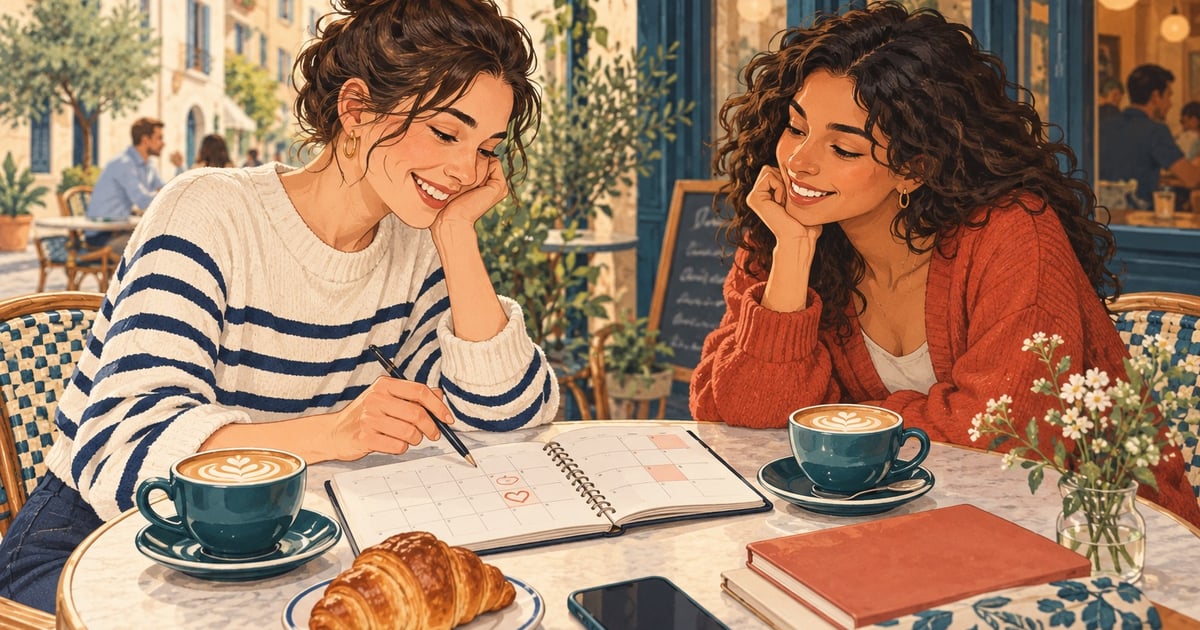 Două prietene discută la o cafenea și aleg o zi într-o agendă deschisă pe masă.