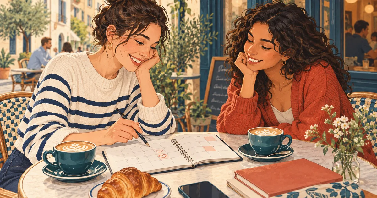 Două prietene discută la o cafenea și aleg o zi într-o agendă deschisă pe masă.