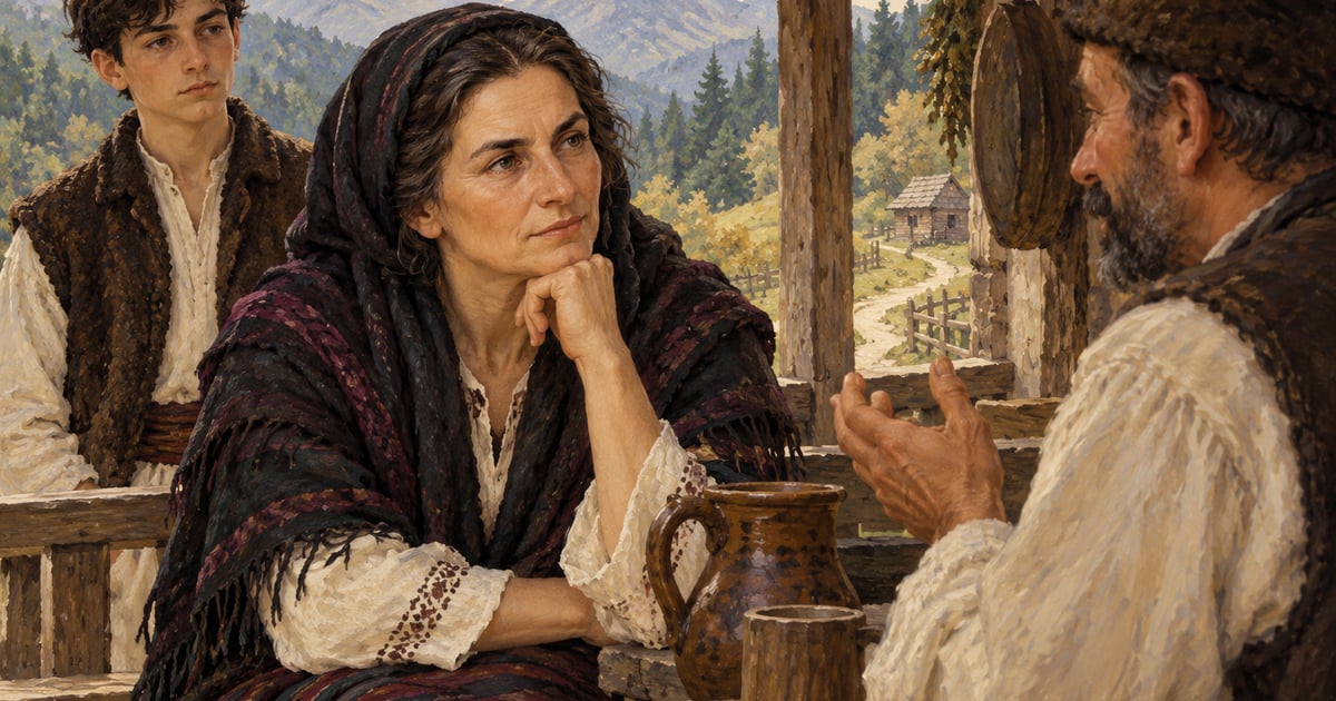 O femeie cu basma ascultă atent un hangiu, alături de fiul ei, într-un peisaj montan.