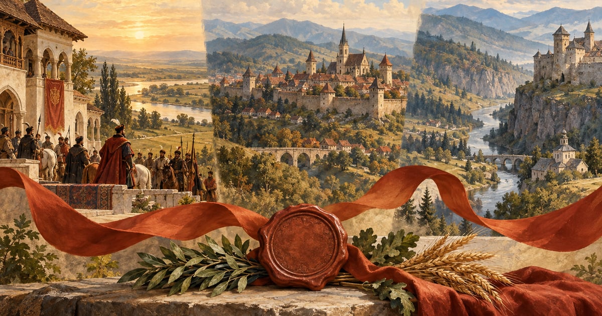 Trei peisaje medievale unite de o panglică evocă simbolic autoritatea comună din 1600.