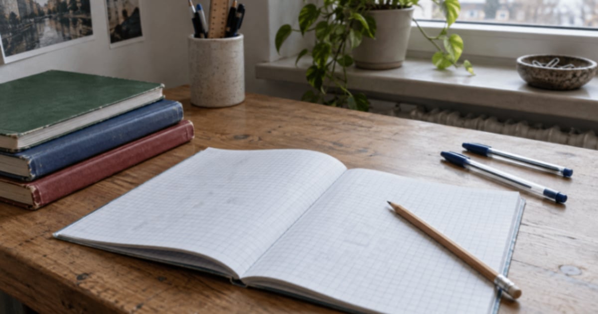 Caiete și creioane grupate pe o masă, lângă un caiet de matematică.