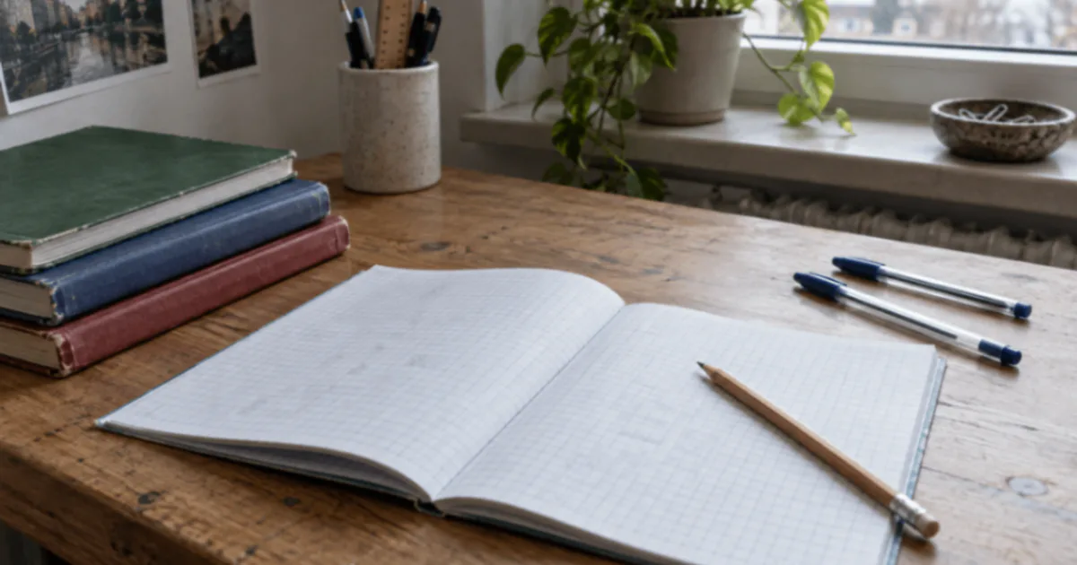 Caiete și creioane grupate pe o masă, lângă un caiet de matematică.