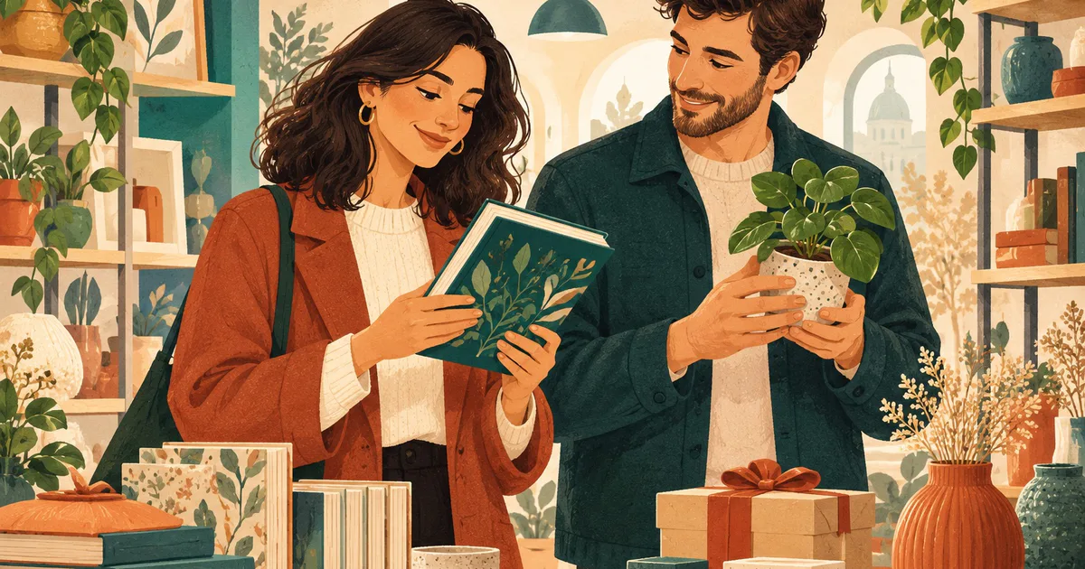 Două persoane compară o carte și o plantă într-un magazin de cadouri cu pachete pe masă.