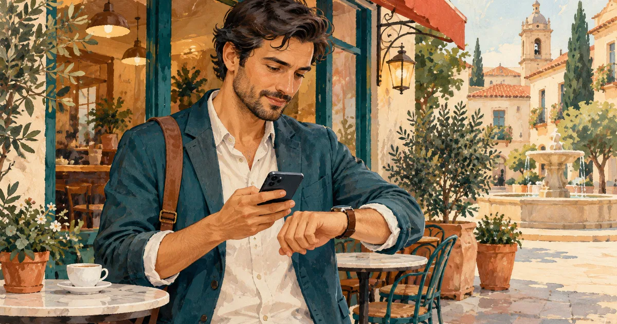 Un bărbat verifică ceasul și telefonul în fața unei cafenele.