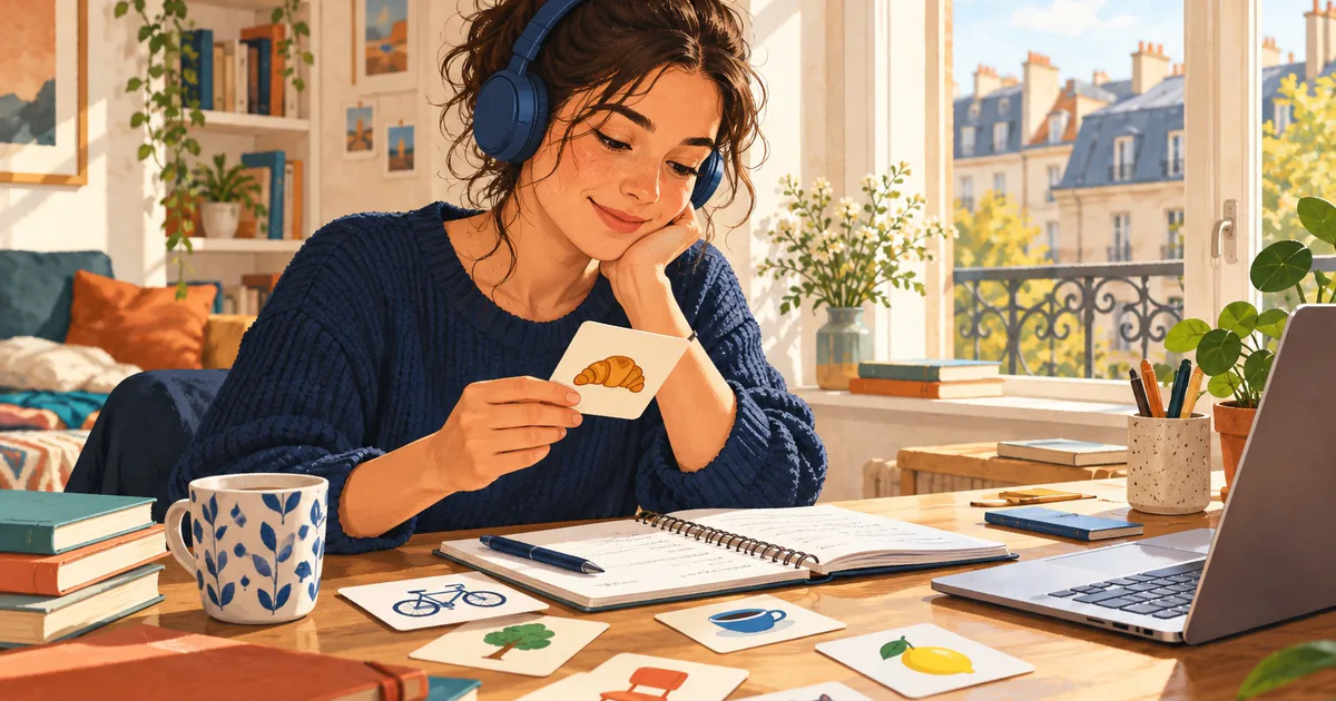 O cursantă cu căști recapitulează la birou folosind cartonașe ilustrate, un caiet și un laptop.