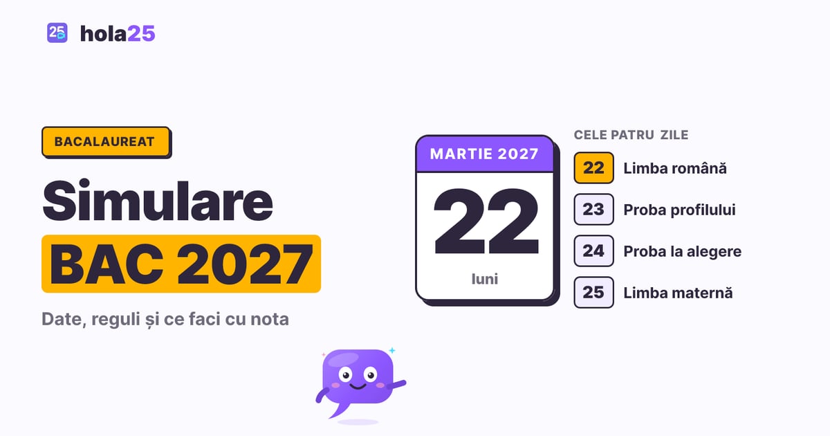 Filă de calendar cu 22 martie 2027, prima zi a simulării de Bacalaureat, și probele din cele patru zile