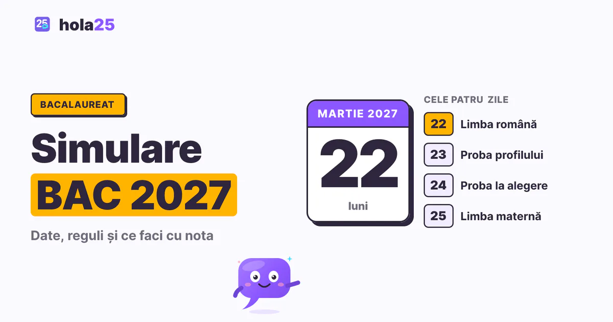 Filă de calendar cu 22 martie 2027, prima zi a simulării de Bacalaureat, și probele din cele patru zile