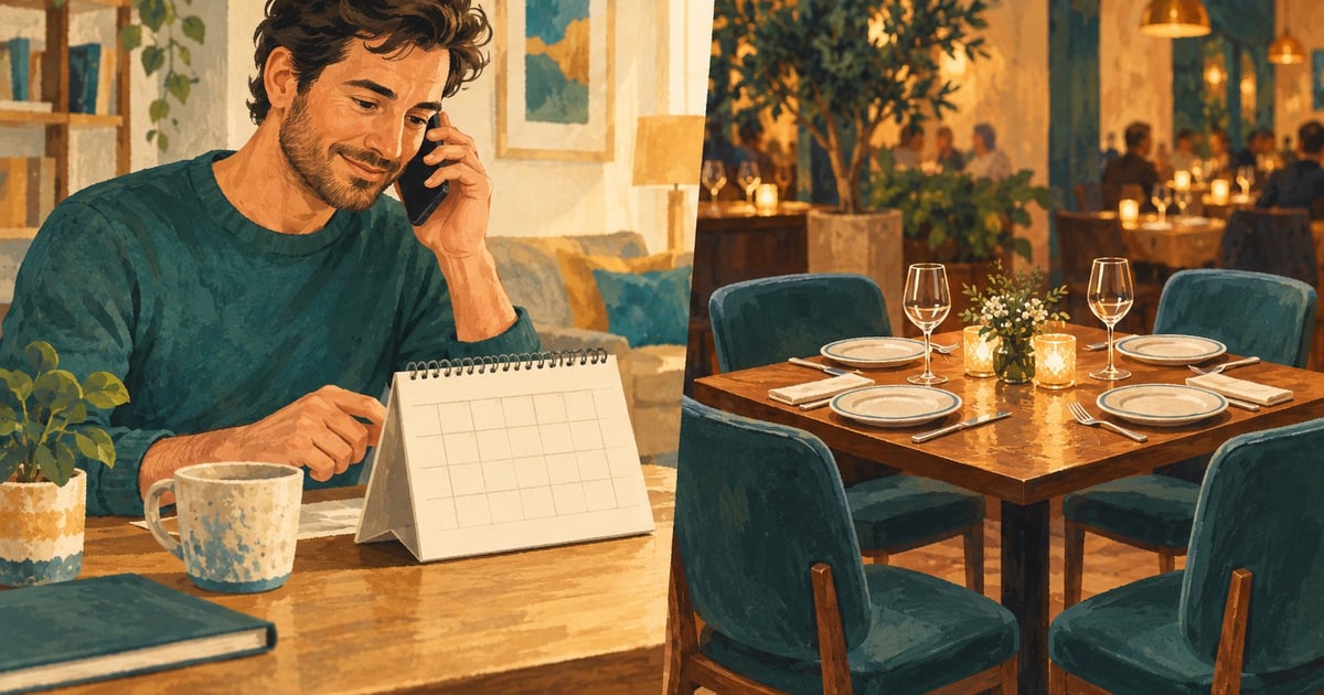 Un bărbat discută la telefon lângă un calendar, iar în fundal este ilustrată o masă de restaurant pregătită pentru patru persoane.
