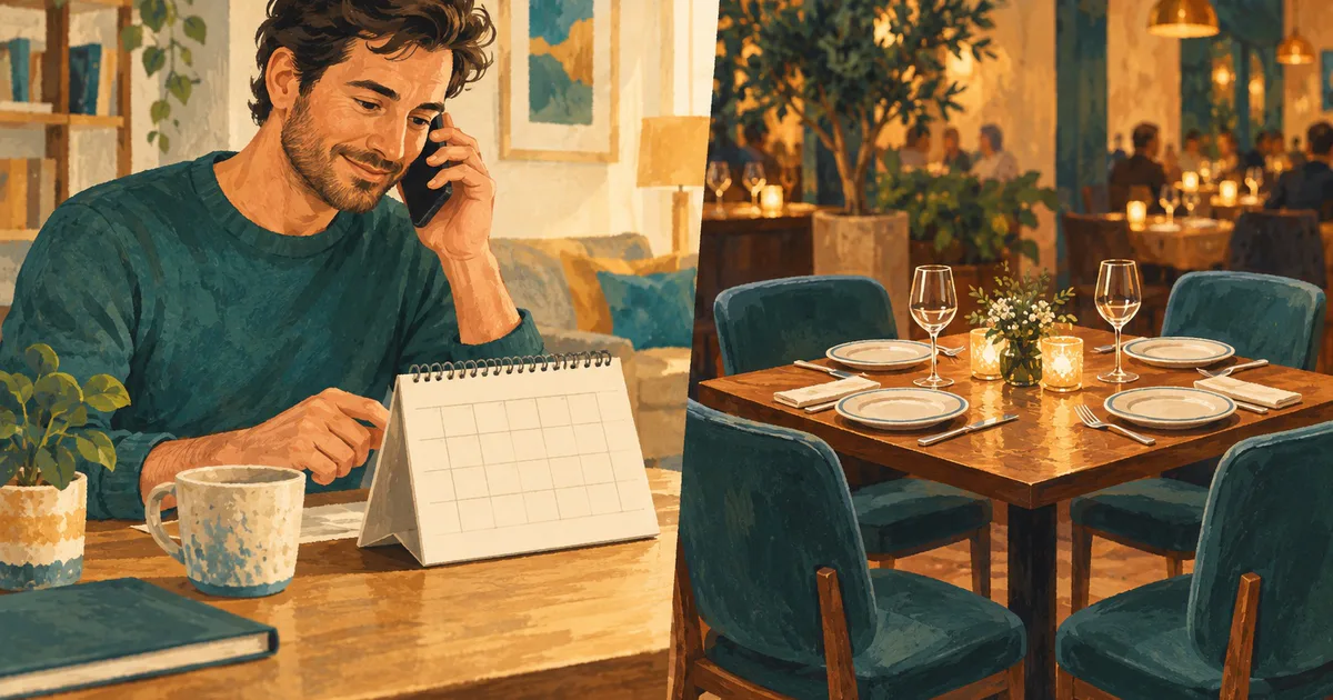 Un bărbat discută la telefon lângă un calendar, iar în fundal este ilustrată o masă de restaurant pregătită pentru patru persoane.