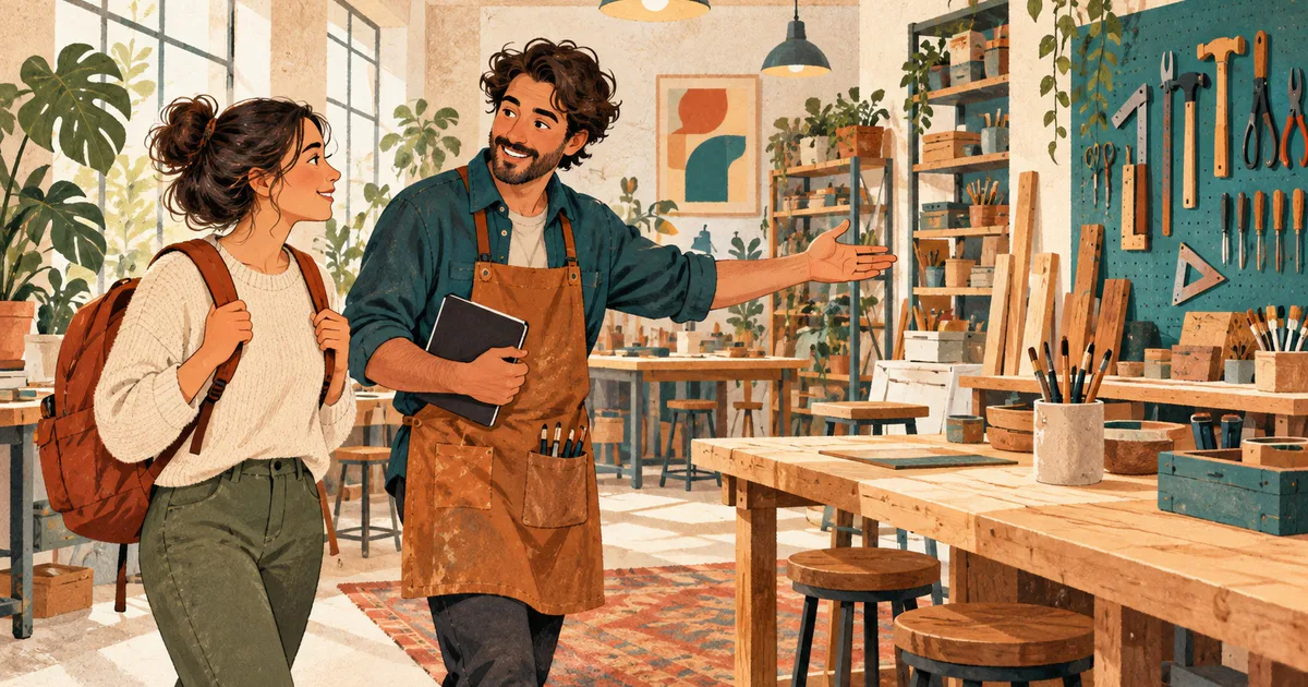 Un coleg îi arată unei persoane nou-venite reperele și materialele unui atelier.