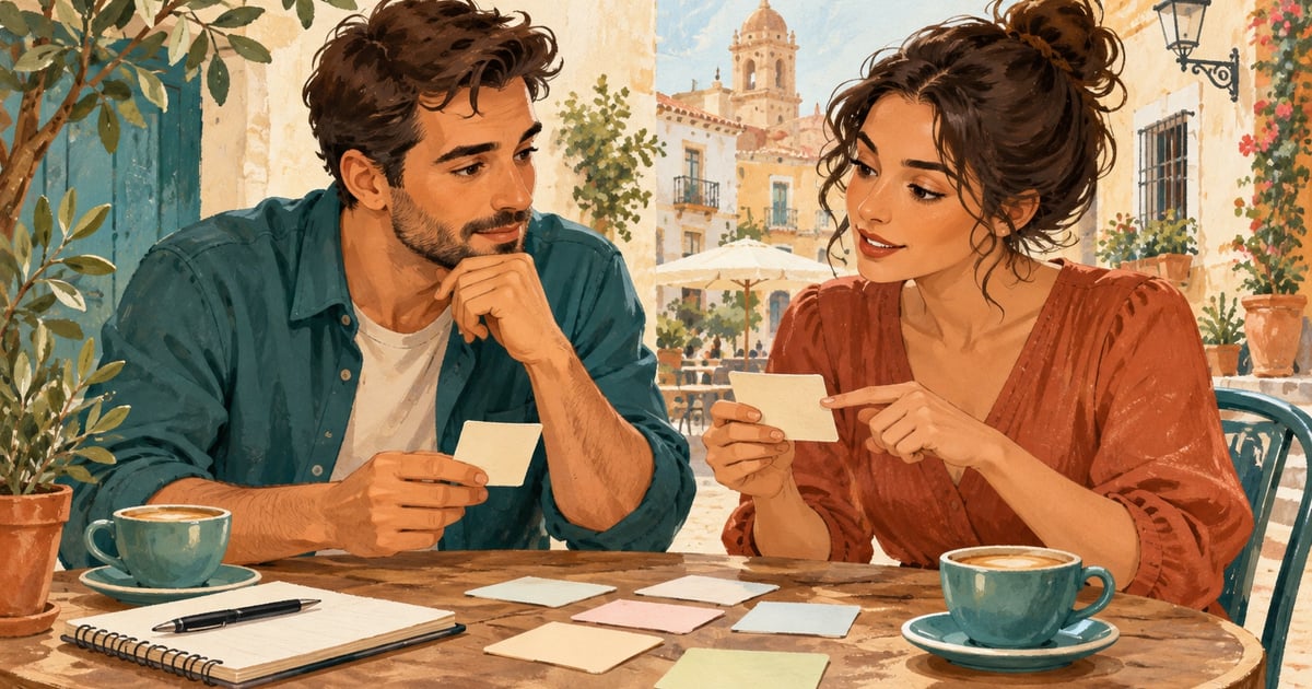 Doi adulți compară calm cartonașe cu notițe la o masă de cafenea.
