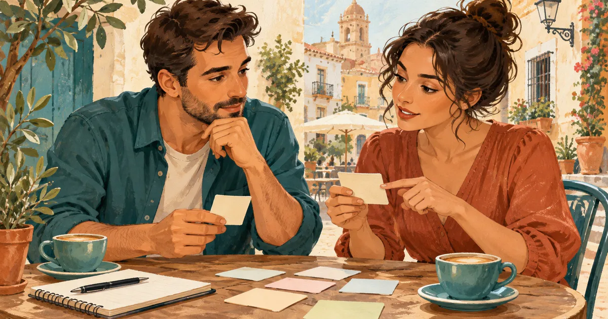 Doi adulți compară calm cartonașe cu notițe la o masă de cafenea.