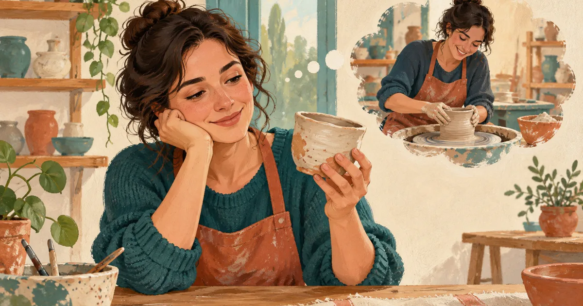O femeie ține o ceașcă făcută manual, cu o scenă ilustrată a primei lecții de ceramică în fundal.