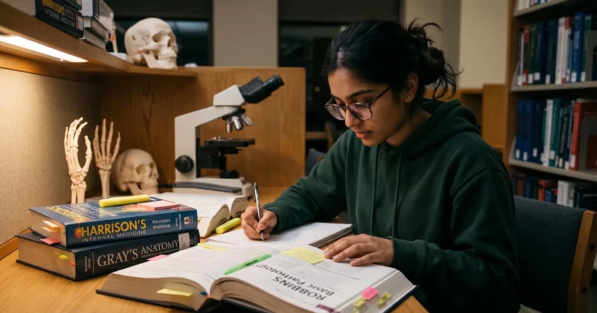 Student concentrat studiind pentru admiterea la medicină, cu cărți de biologie și chimie.