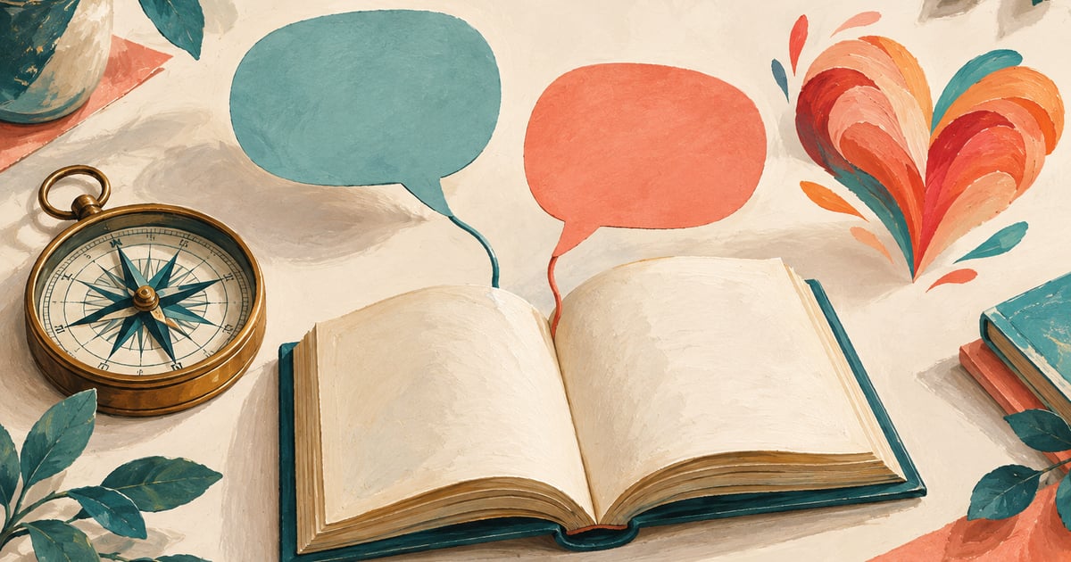 O carte, forme de dialog, o busolă și o inimă stilizată, ilustrând conceptual roluri ale limbajului.