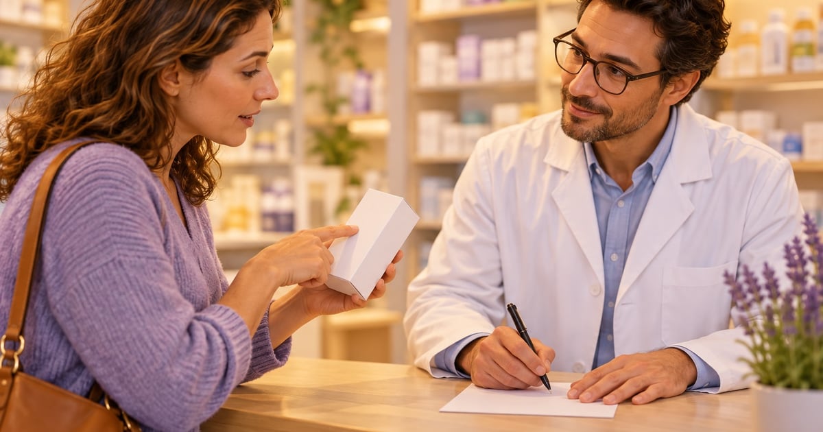 O clientă indică eticheta unei cutii, iar farmacistul notează o explicație pe hârtie la tejghea.
