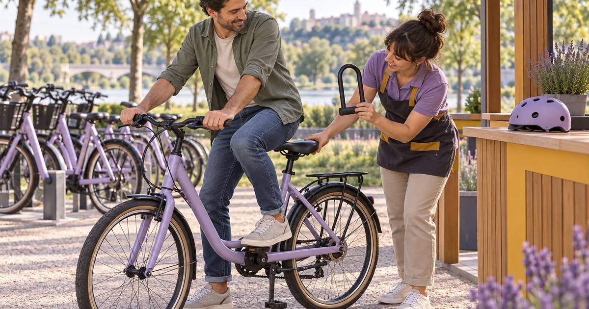 Un client și o angajată verifică șaua și antifurtul unei biciclete la un centru de închirieri.