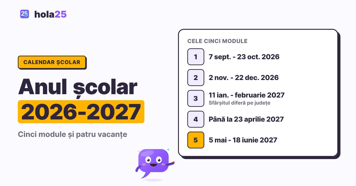 Cele cinci module ale anului școlar 2026-2027, cu datele fiecăruia, de la 7 septembrie 2026 la 18 iunie 2027