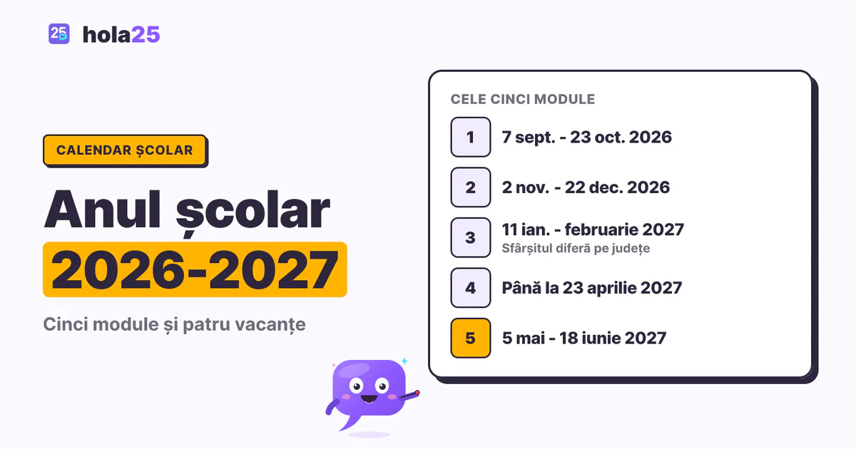 Cele cinci module ale anului școlar 2026-2027, cu datele fiecăruia, de la 7 septembrie 2026 la 18 iunie 2027