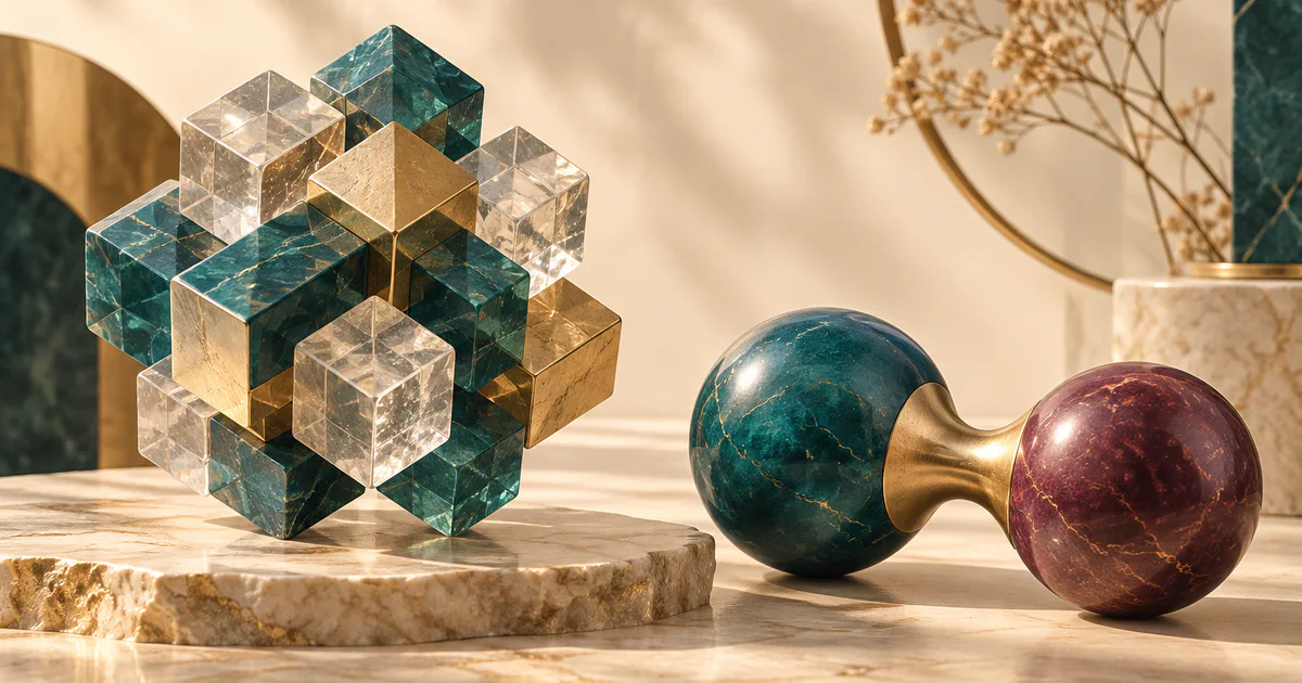 Sculptură geometrică și două sfere conectate, metaforă pentru tipuri de legături chimice.