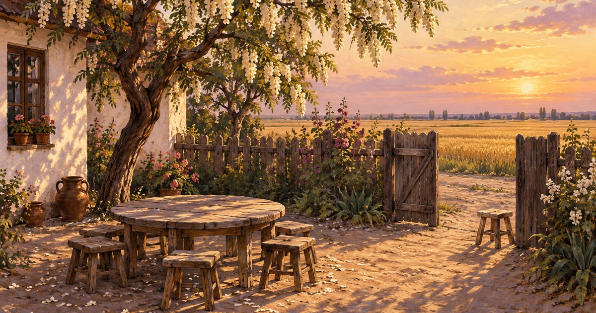 O masă rotundă dintr-o gospodărie rurală, un salcâm și umbre lungi sugerează familia și timpul.