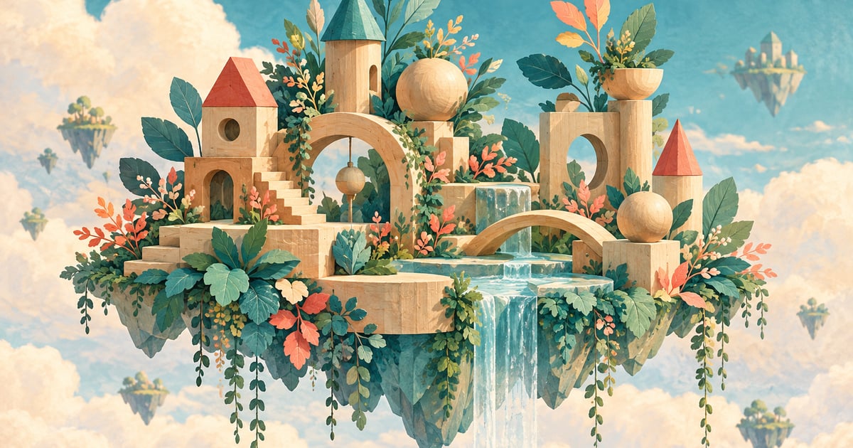 Forme din lemn și frunze reunite într-o grădină fantastică, ilustrând conceptual transformarea experienței.